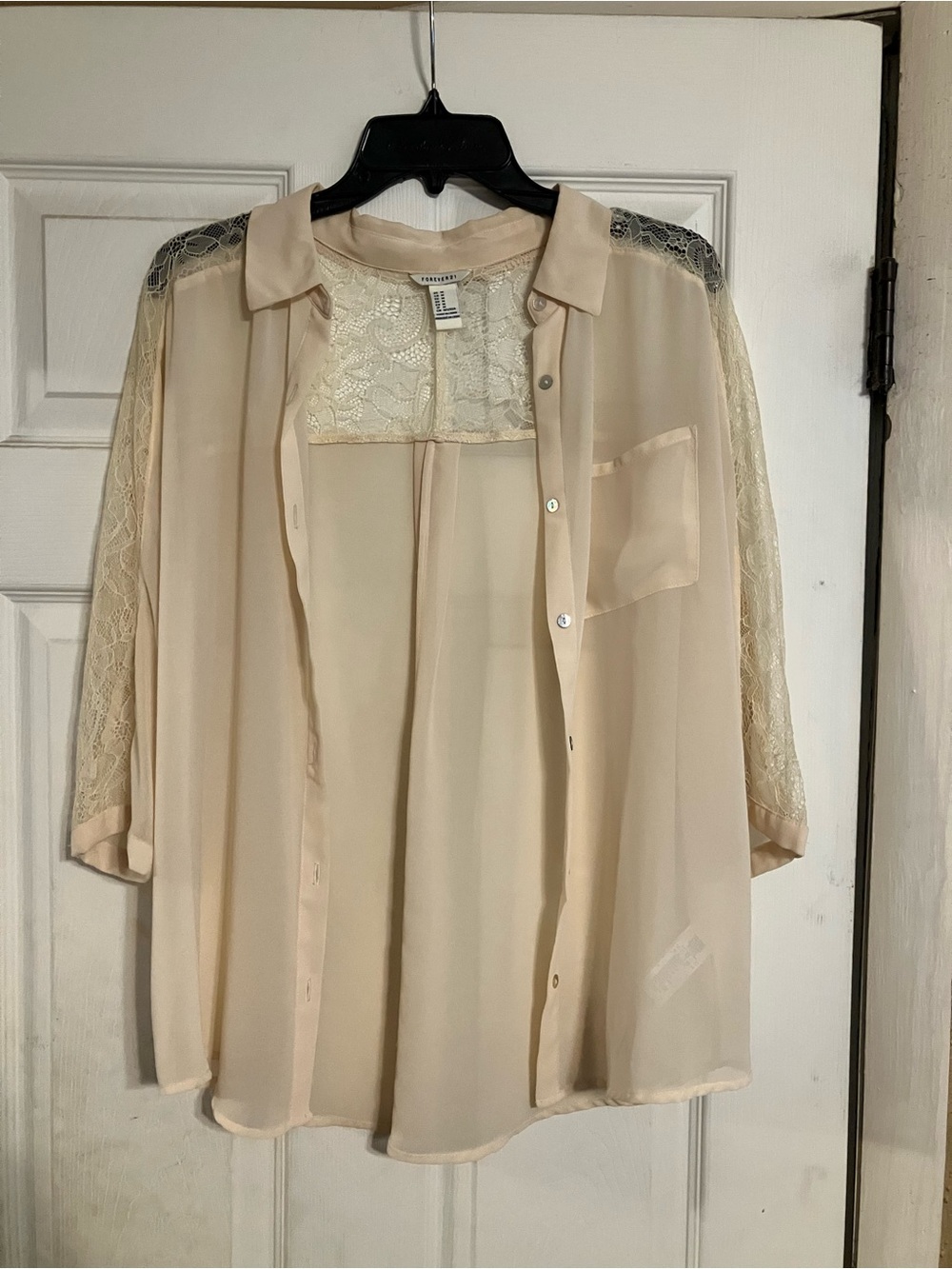Sheer Lace-Back Button-Up Blouse in Light Cream